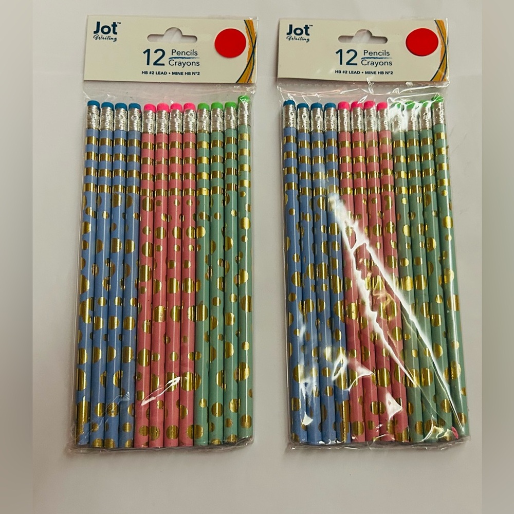 New 2 Packages of Jot Pencils 24 Pencils Blue Pink Green with Gold Circles